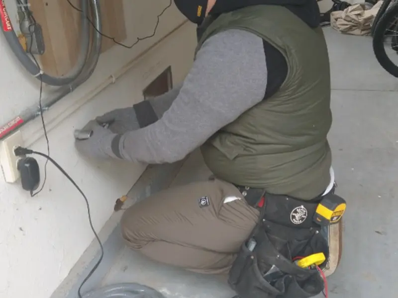 Electrician performing outlet wiring in a Terrell Hills garage